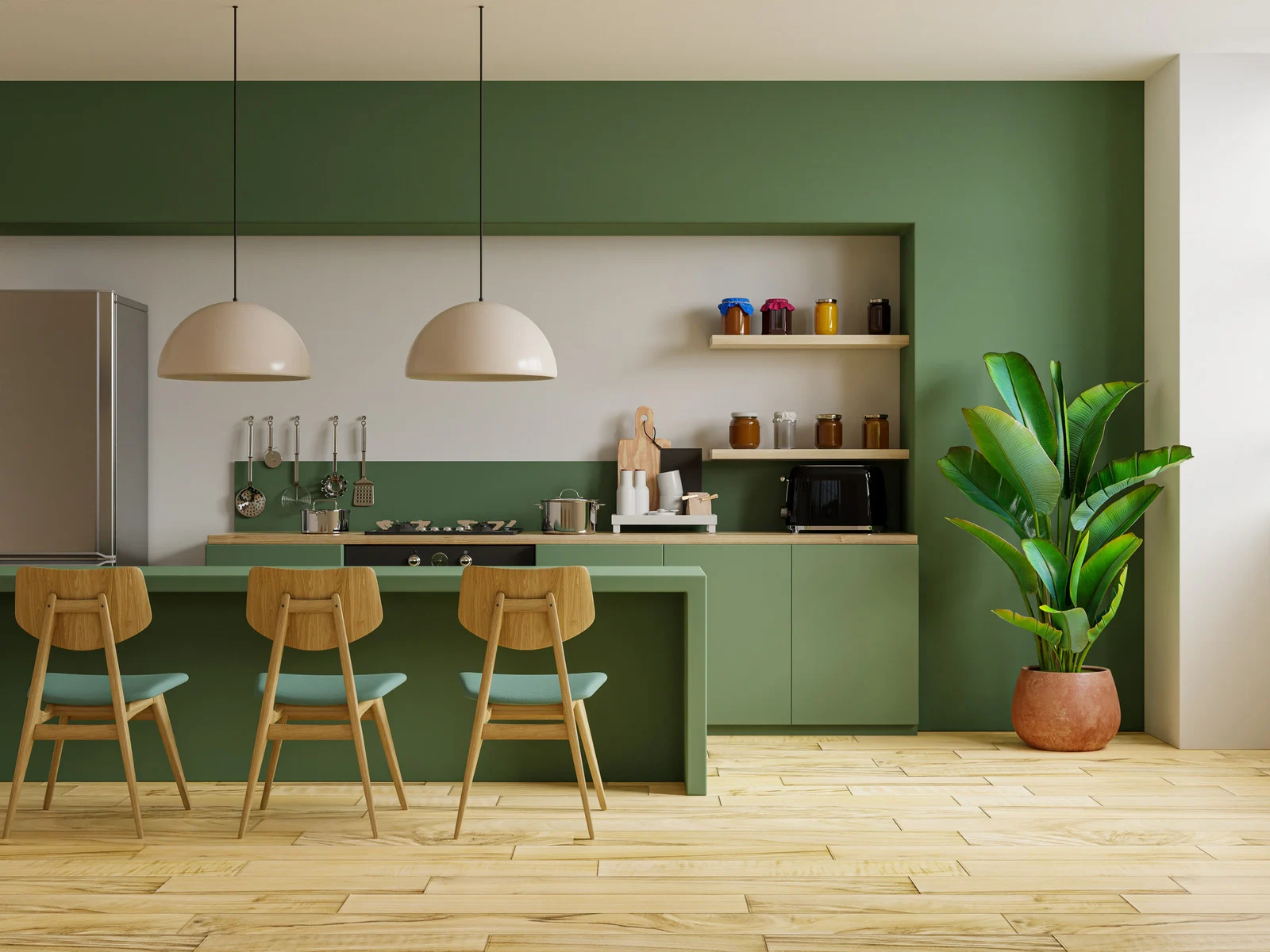 Modern kitchen with green walls
