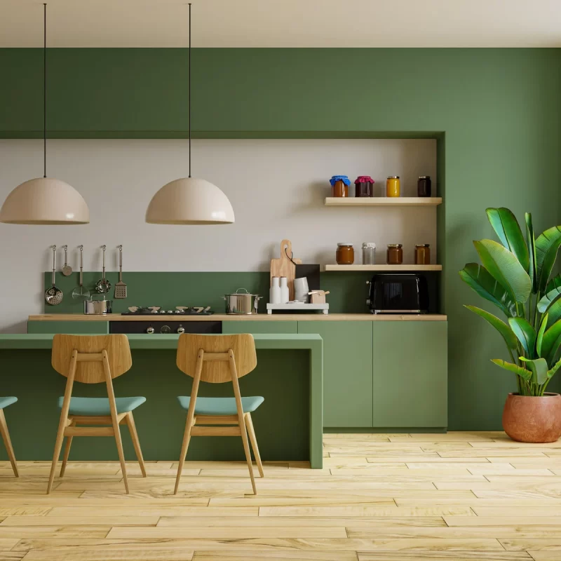 Modern kitchen with green walls